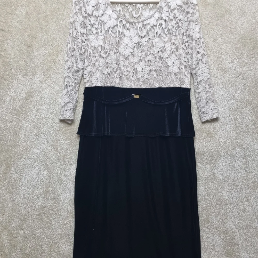 Joanna Hope Dress Womens Size 14 Peplum Midi Lace and Velvet Ivory Black - Picture 1 of 10